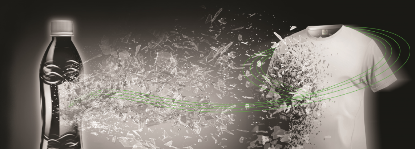 An edited image of a plastic bottle with shards moving out and towards a white t-shirt that is being constructed from the shards. Thin green lines trace the movement of the shards.