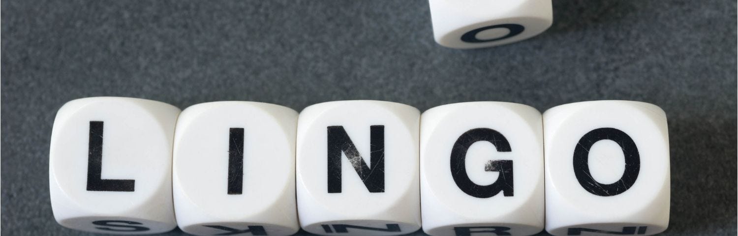 Lettered dice that spell out lingo on a table.