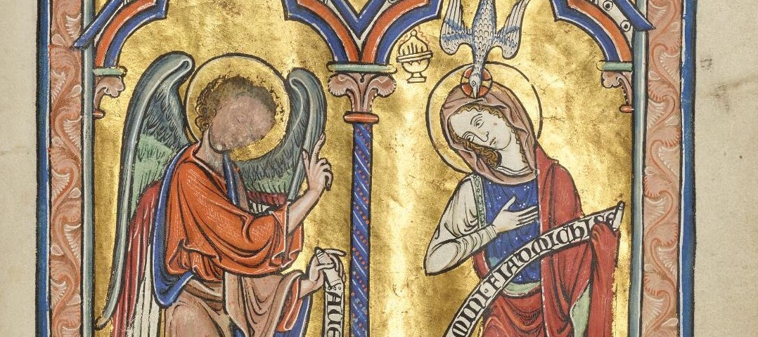 Angel Gabriel and Virgin Mary stand under adjacent trefoiled arches topped by pointed gables. Angels with large wings and cropped at their waists hold crowns in the top left and top right corners. Between the gables, an angel dangles a thurible close to Mary’s head, where a dove ‘speaks’ in Mary’s ear. Gold background with blue and orange rectangular border all around.