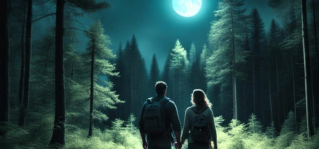 A couple in the woods by moonlight