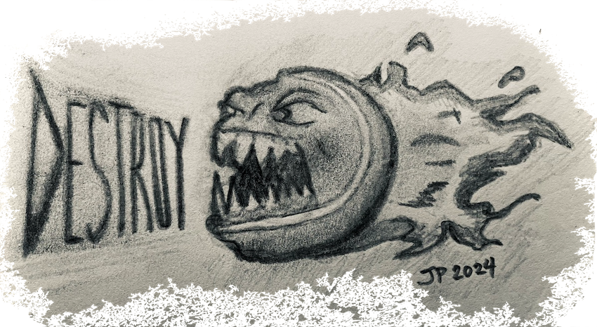 a pencil drawing of an angry tennis ball with fire coming out of its back saying, “Destroy” as it flies through the air