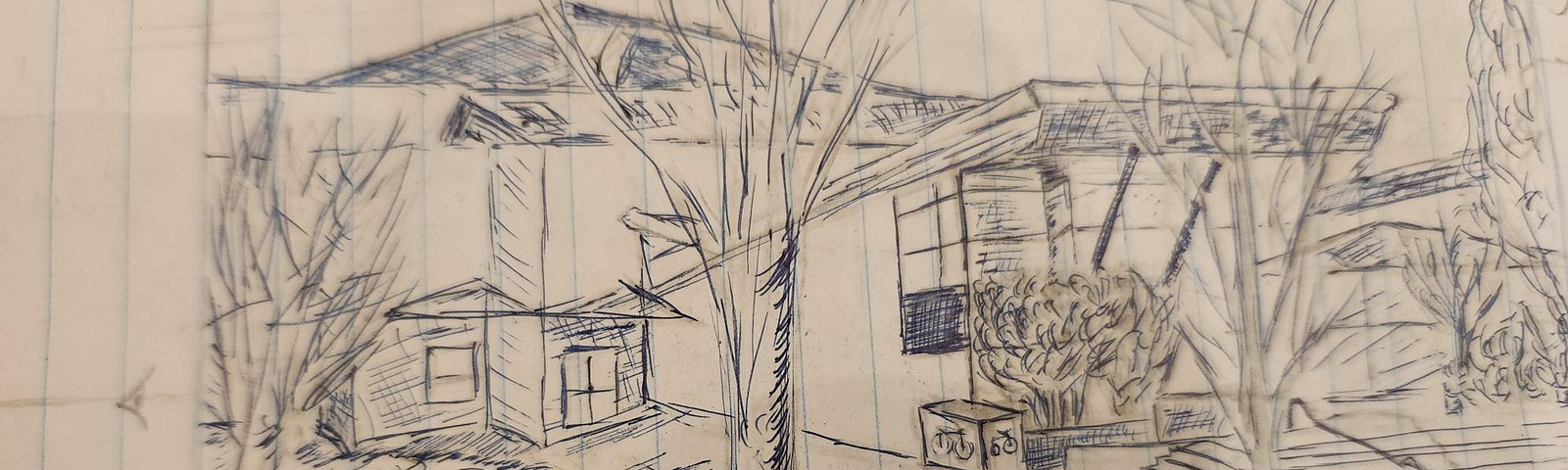 Image of a two-perspective sketch of a building and wintry trees