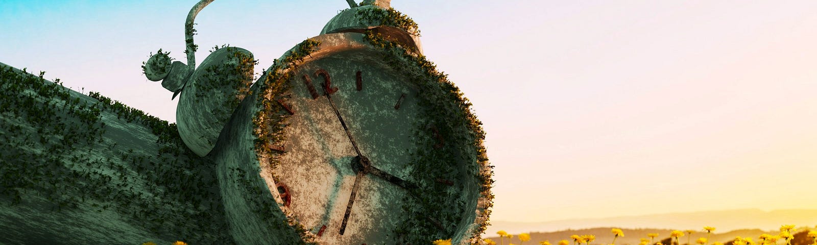 color image of a giant alarm clock toppled on its side in a meadow of yellow flowers