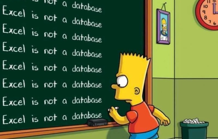 Caricature of Bart Simpson doing the line ‘Excel is not a database.’ at the blackboard