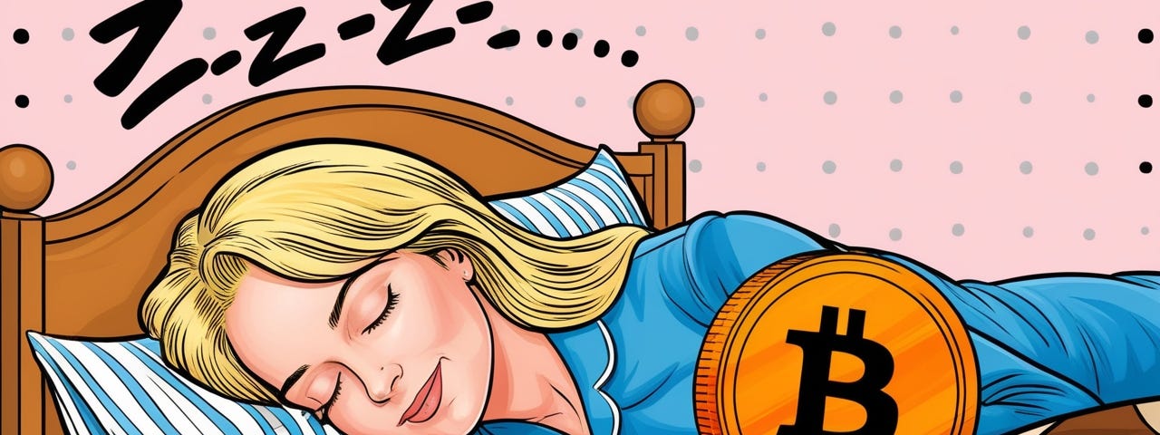 The image is a pop art style illustration featuring a blonde woman sleeping peacefully in bed. She has long blonde hair and wears blue pajamas, lying on her side with a calm expression. She rests under a beige and brown diamond-patterned quilt. Notably, there’s an unconventional pillow next to him that looks like a big orange coin with a black Bitcoin sign, indicating themes of financial security or passive income.