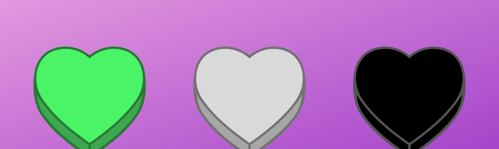 Purple gradient with simple illustration of three hearts that are green, gray, and black from left to right to represent the aromantic flag