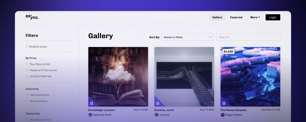 A stylized screenshot of Async Art’s “Gallery” page showcasing a grid of artwork in varying styles