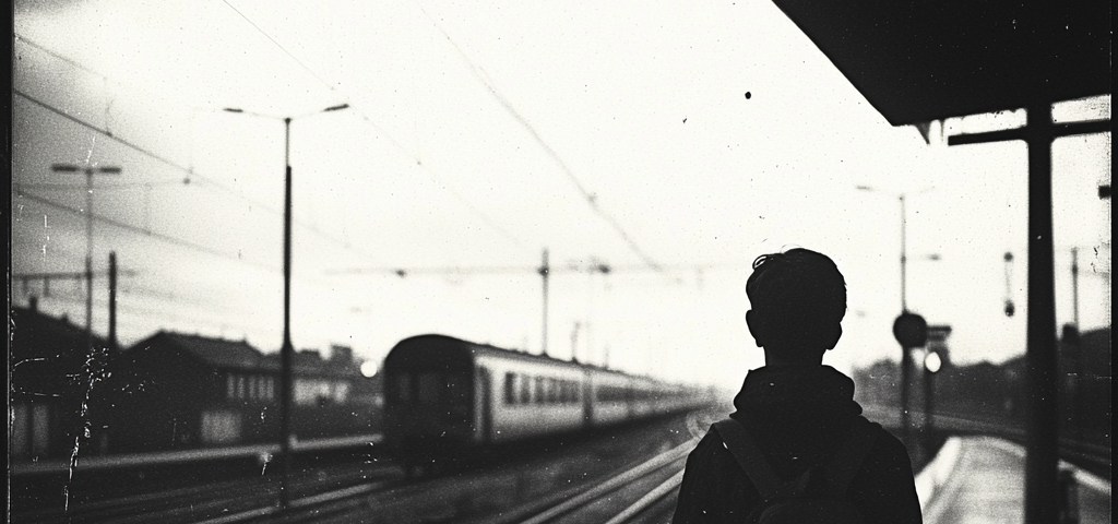 Black and white photo of boy watching trains