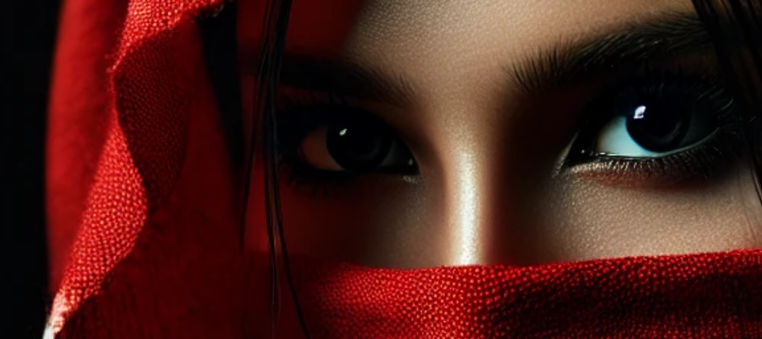 A close-up portrait of a young woman wrapped in vibrant red cloth with only her eyes visible