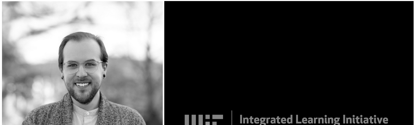 Black and white photo of bearded man with glasses at left, MITili logo on black background at right