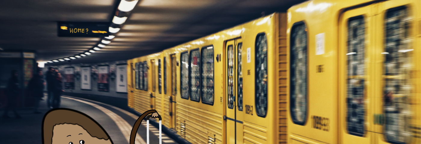 Berliner U-bahn (yellow metro trains) and on the platform, a Blob wearing a brown jacket, a red backpack with a green water bottle, and a black suitcase on wheels. The Blob looks at the trains with sadness in her eyes, knowing she has to leave.