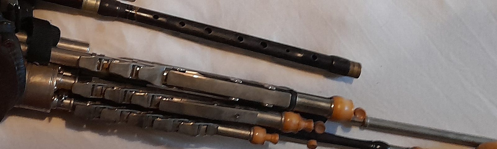 A set of Uillean pipes, which is an Irish instrument consisting of four chanters and three drones