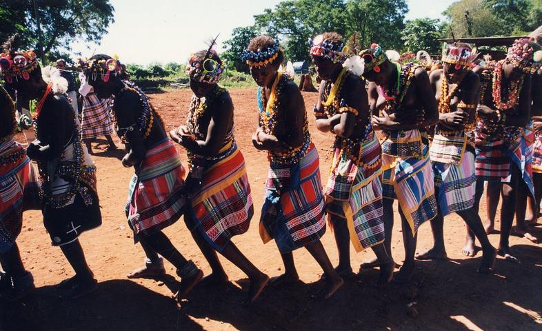 A photograph of girls in traditional dress lined up outside and going through their initiation.