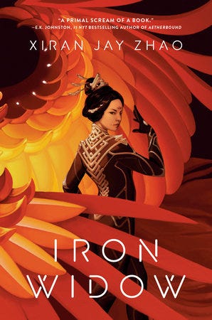 Cover of Iron Widow by Xiran Jay Zhao. An illustrated image of a young Chinese woman wearing a high-tech body suit standing confidently in front of large, orange and yellow spirals that appear to be petals.