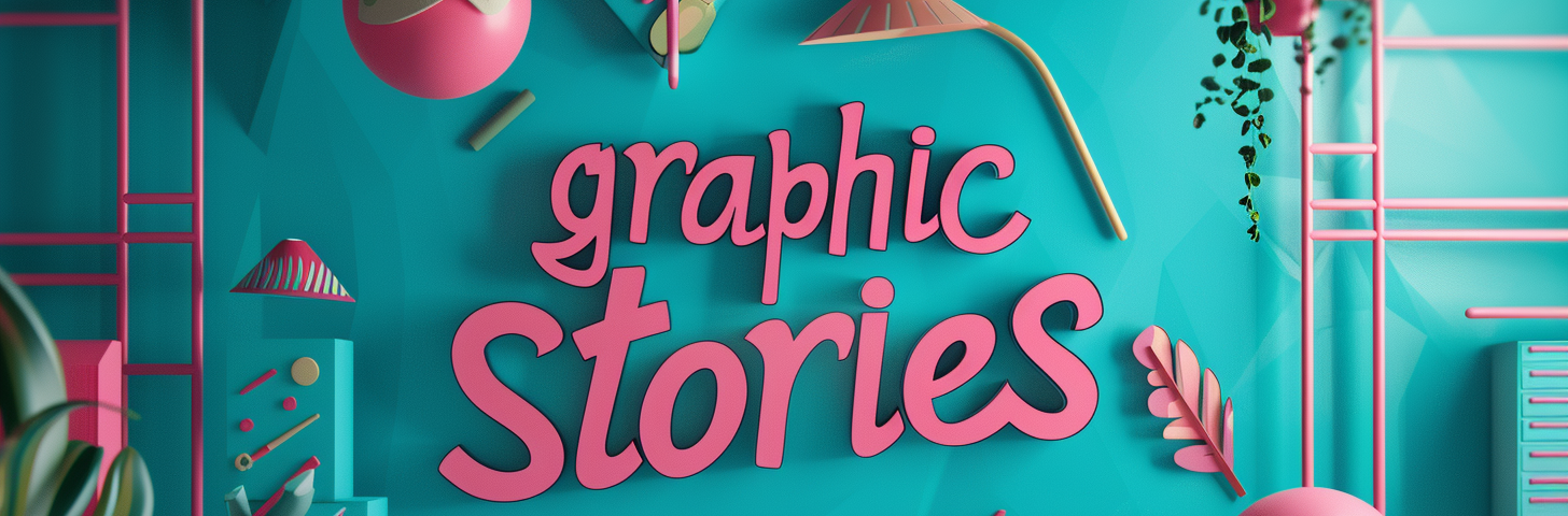 Graphic Stories on teal background with lots of knick knacks.