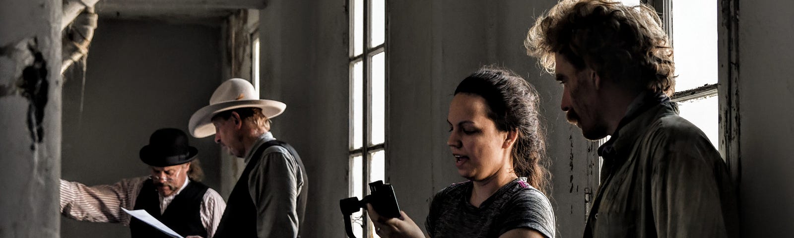 Sushila Kandola (cinematographer) and Travis Mills discuss a shot at the historical jail in Globe, Arizona.
