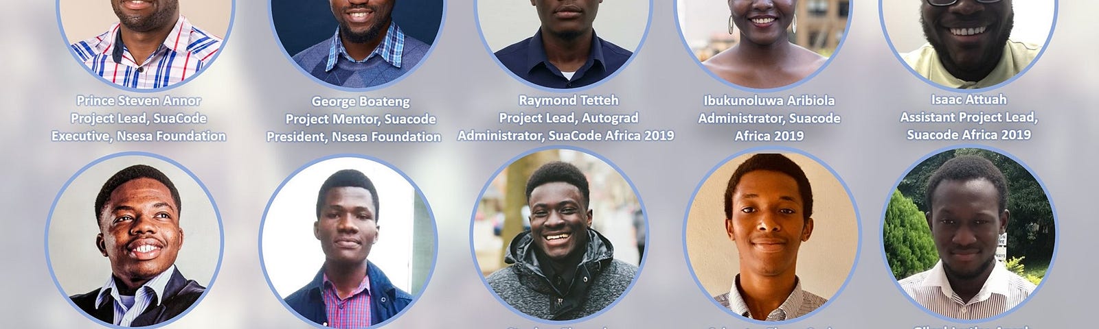 Portraits of the 15 team members of SuaCode Africa in individual circles, with their names and job descriptions.