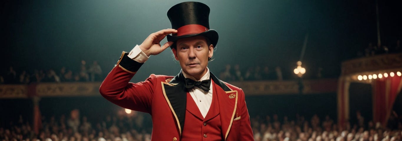 A circus ringmaster tipping his hat