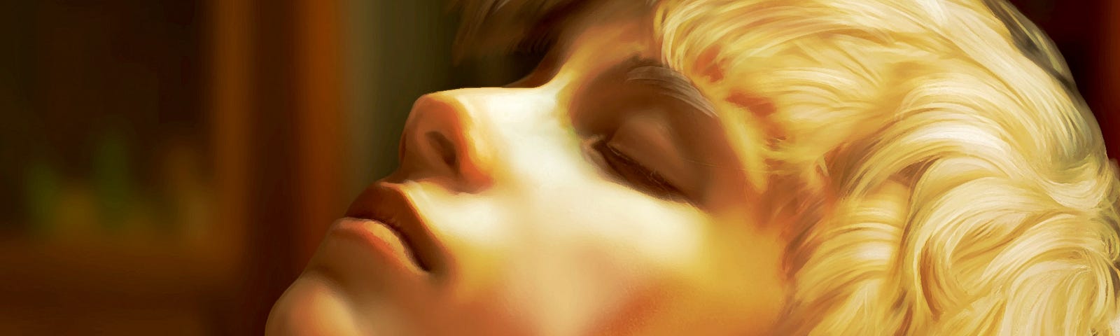 Digital painting of a profile of Eddie, a young boyish blond woman with short hair, as she lies on a chaise with her eyes closed.