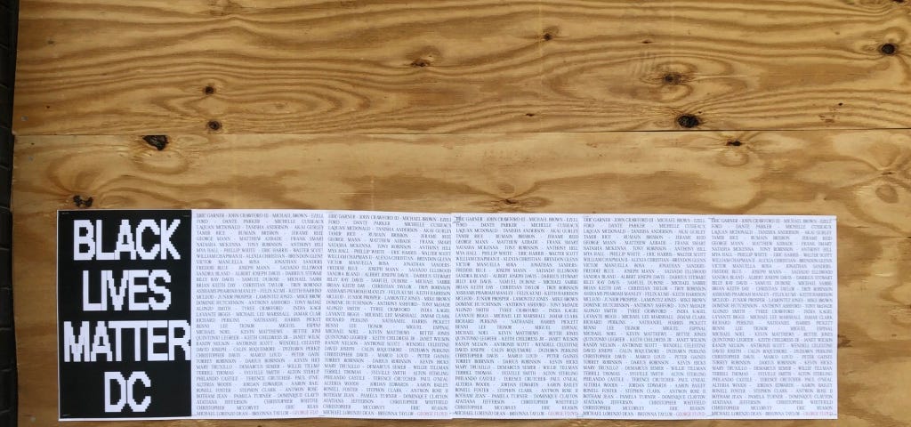 Six pieces of paper that reads Black Lives Matter DC along with the names lost to Police Brutality — Picture by the Author