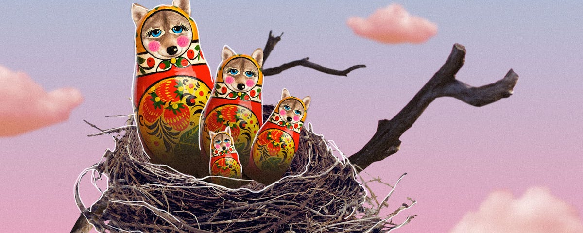 Illustration of a bird’s nest on a bare branch against a pink sky with small, fluffy clouds in it. Inside the nest are four Russian nesting dolls (matryushka), with wolves’ faces, bright pink cheeks, and bright blue eyes with pronounced eyelashes. The dolls are smiling and the whole picture is very sweet, yet surreal.