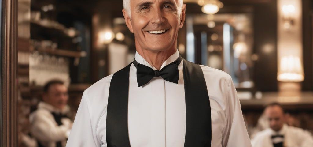 An older waiter with grey hair dressed in formal attire while carrying a tray with dishes and standing in an elegant restaurant.