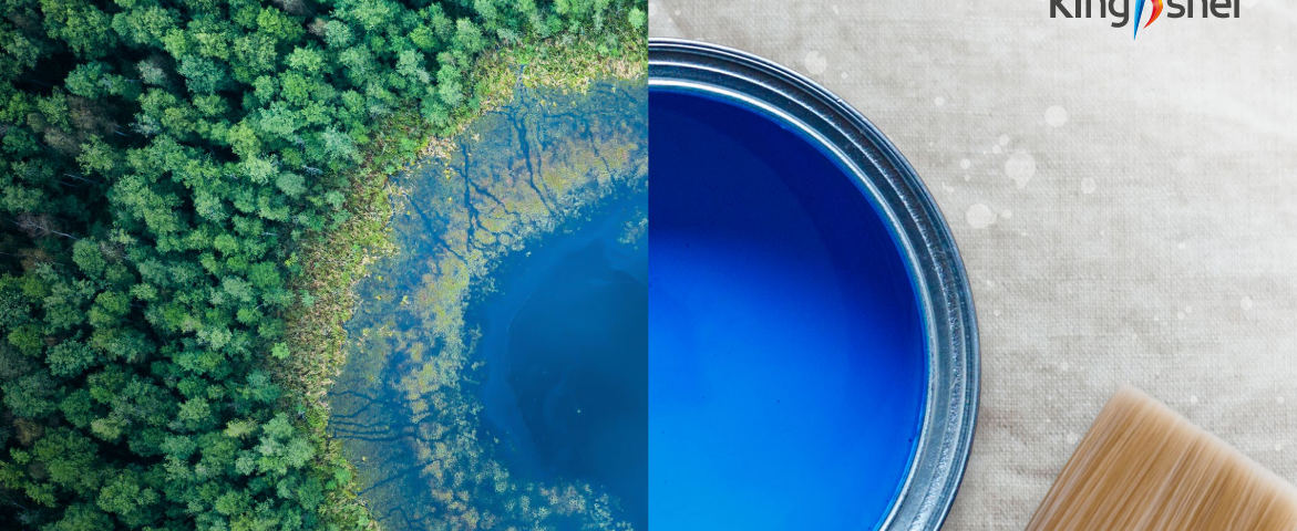 A picture showing the front page of Kingfisher’s responsible business report, it has half of a tin of blue paint aligned with a beautiful natural blue body of water surrounded by trees.