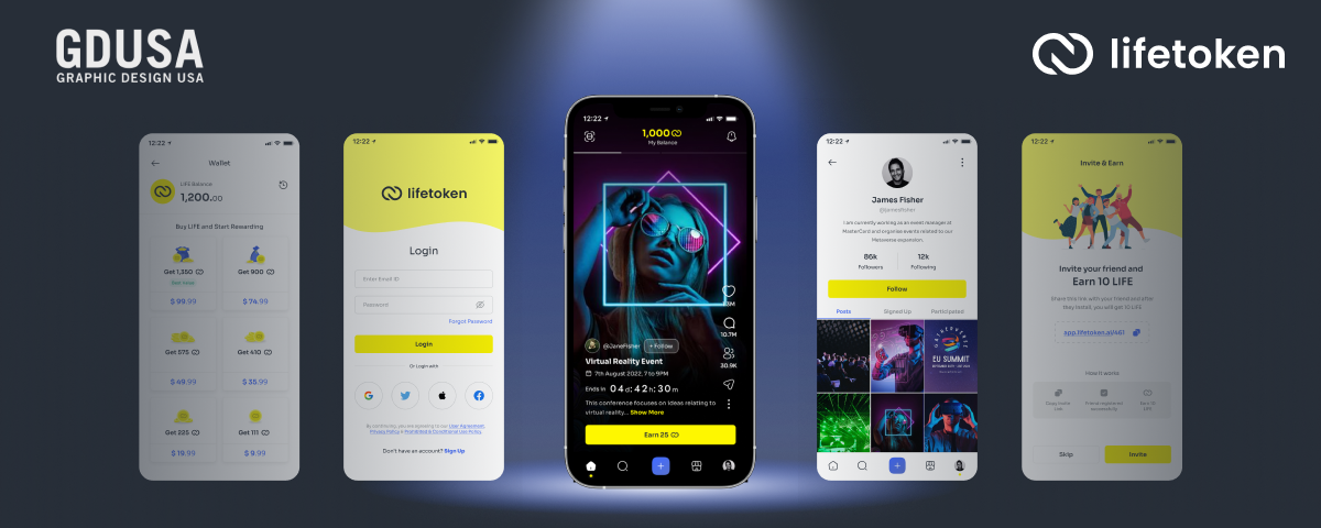 Lifetoken’s award-winning mobile interface is spotlighted. Various screens from the app are presented, showing the social feed, profile page, rewards in action, and in-app purchases.