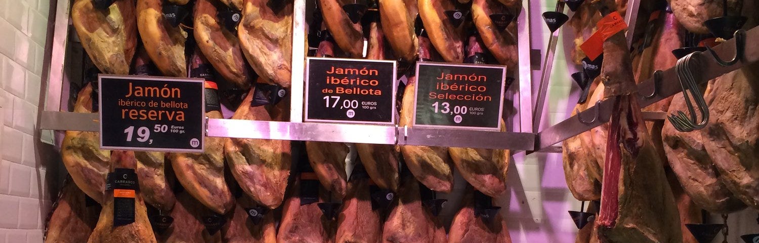 Iberian ham in a shop in Madrid. April 2016