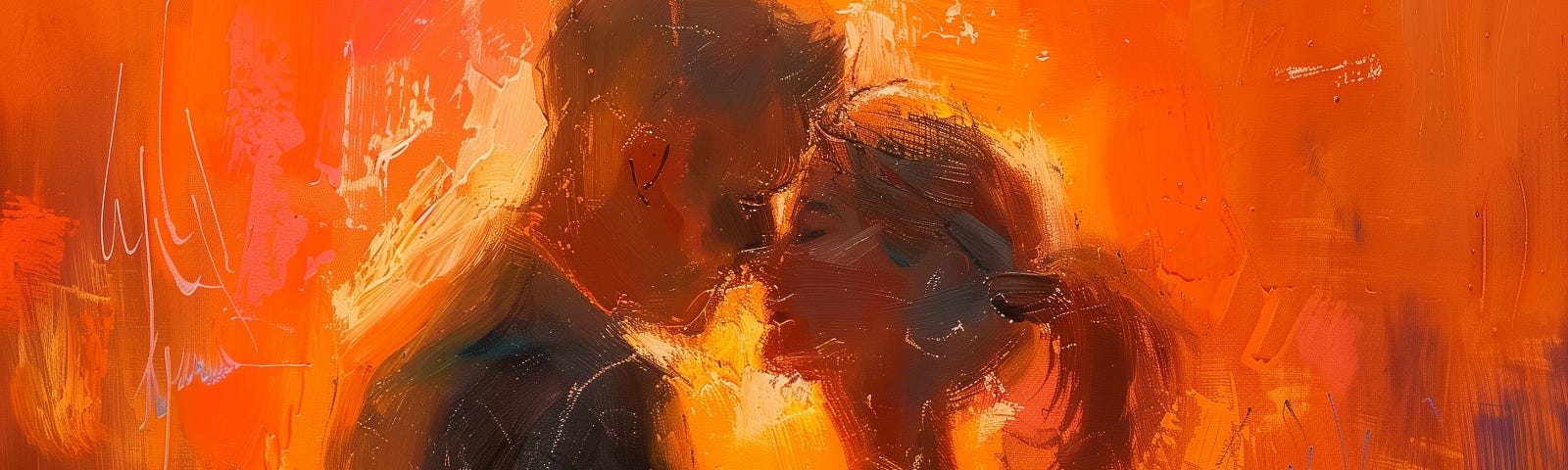 An abstract painting of two figures in a warm embrace, their faces close together, against a vibrant orange background. The brushstrokes are expressive, blending and swirling colors to evoke a sense of intimacy, passion, the merging and kissing of spirits.