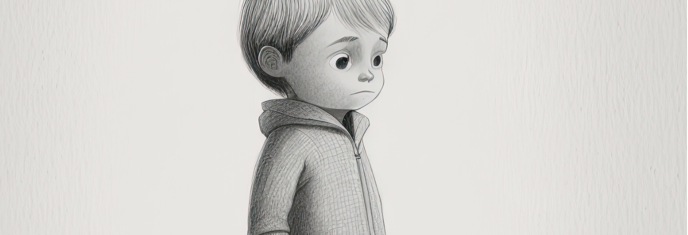 A line drawing of a sad little boy.