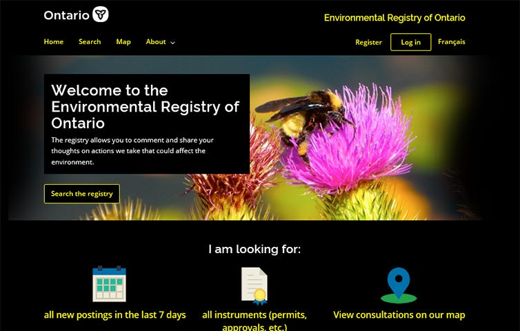 Screen shot of the Environmental Registry landing pagein high-contrast mode.