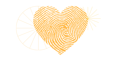 Abstract illustration with golden heart shape fingerprint, starburst and wheel.