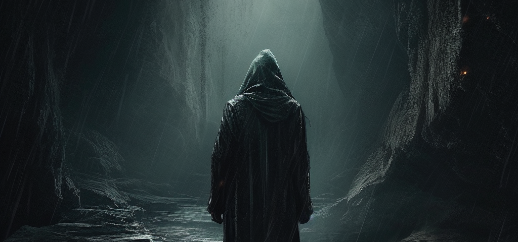 A hooded figure standing at the entrance of a dark cave.