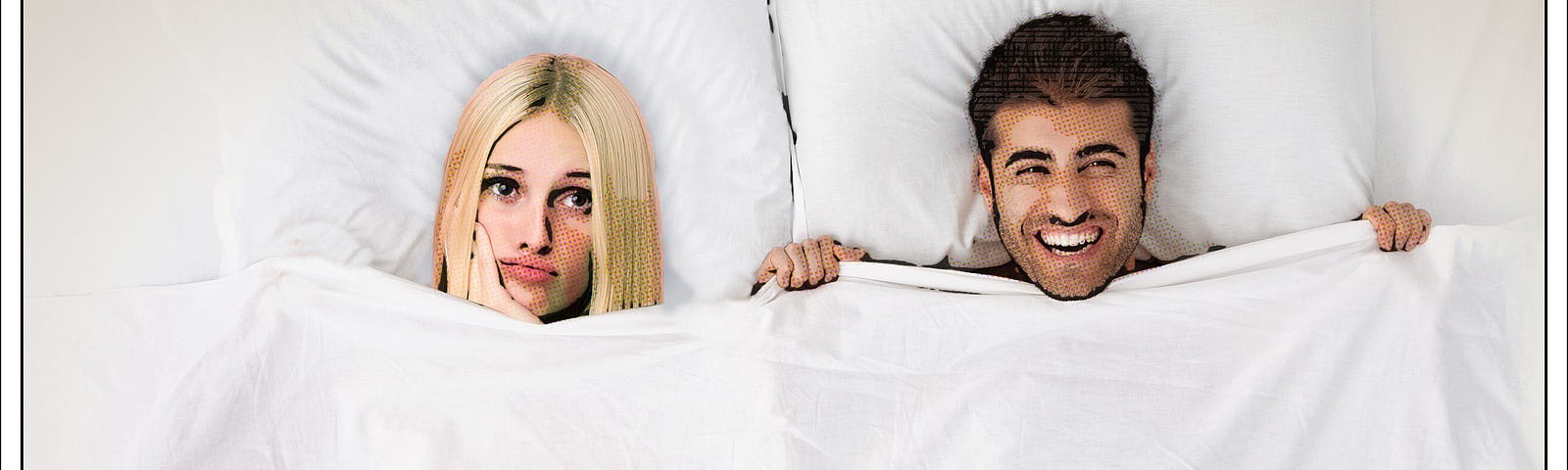 Couple in bed. He’s thrilled, she’s bored