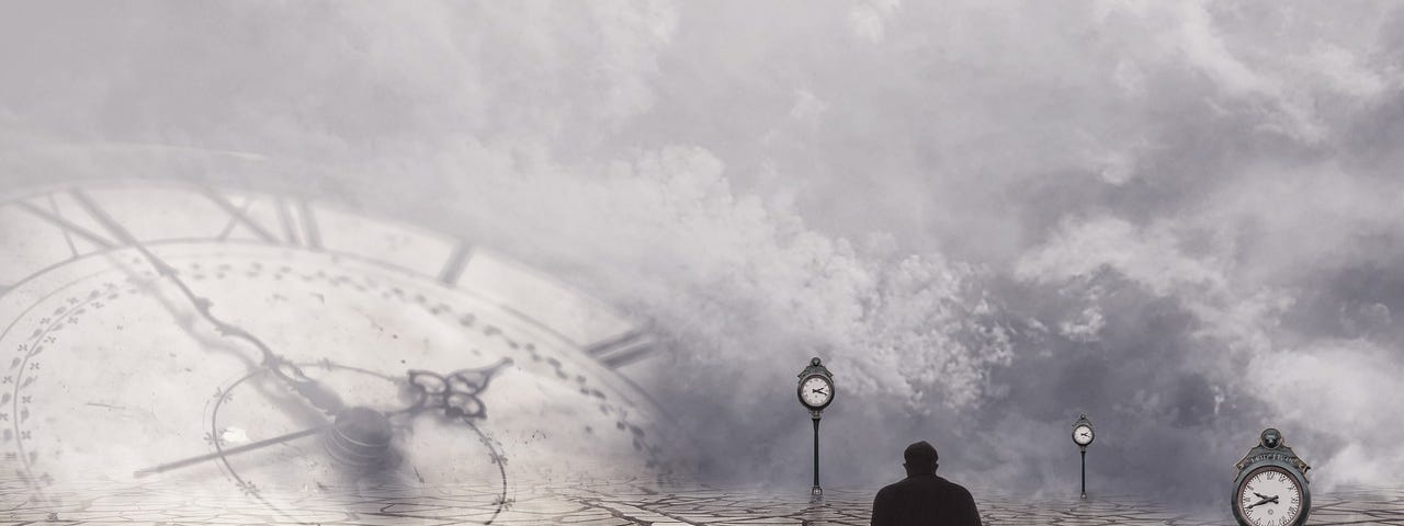 Surreal dream photo with large clock on horizon and old man with cane walking through a field of clocks as lamp posts on cracked dried out earth.