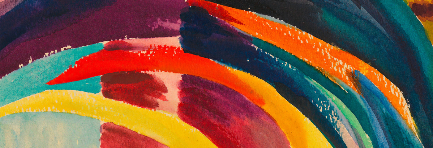 Colourful rainbow shapes as part of an abstract painting.