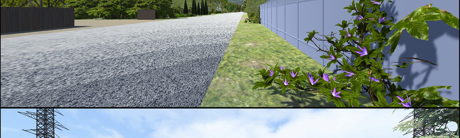 Two screen shots of computer-generated landscape showing a road and mountains. One shot shows a fenced residential area and the other shows a low-rise apartment building.
