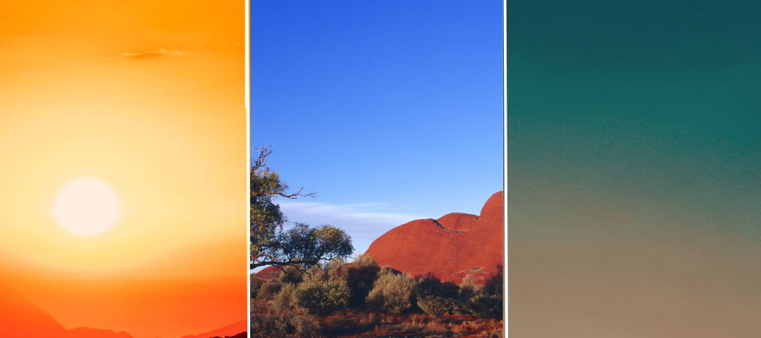 Three images sliced together. The first is of an orange and red sunset among mountains. The second is during the day in a desert with a red mountain. The third is desert sand during a yellow, orange, and blue sunset. The word “Today” is in the bottom right corner. It is white text.