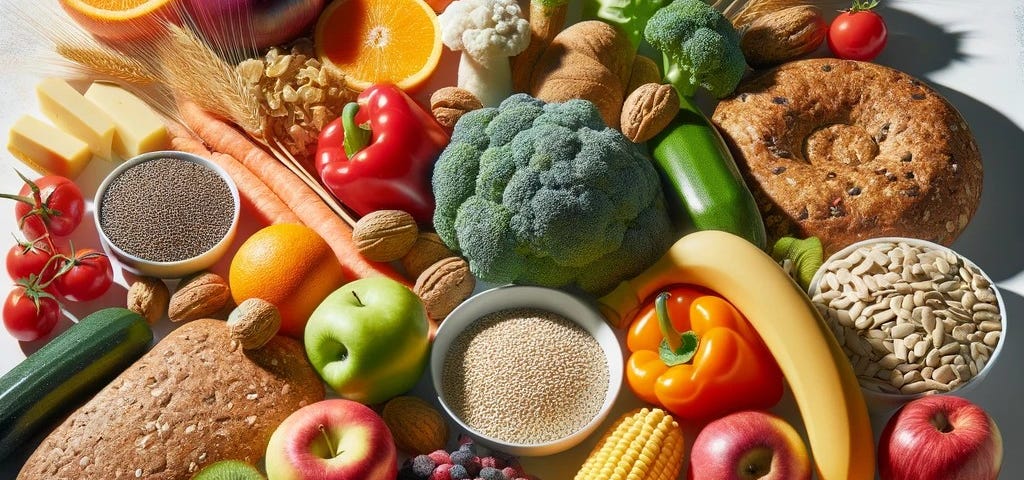 Array of healthy carbs with a shadow over them, representing misconceptions.