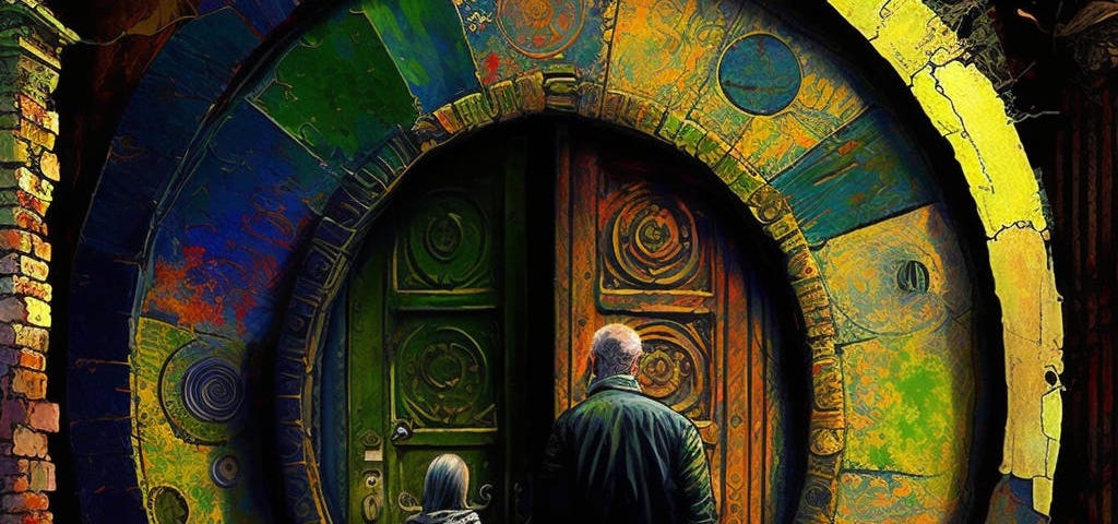 An artistic rendering of a man and his child standing before an abstract and old oval doorway. The scene is very peaceful and contemplative.