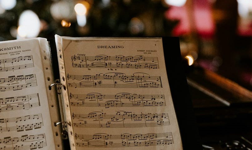 Sheet music on a piano stand.