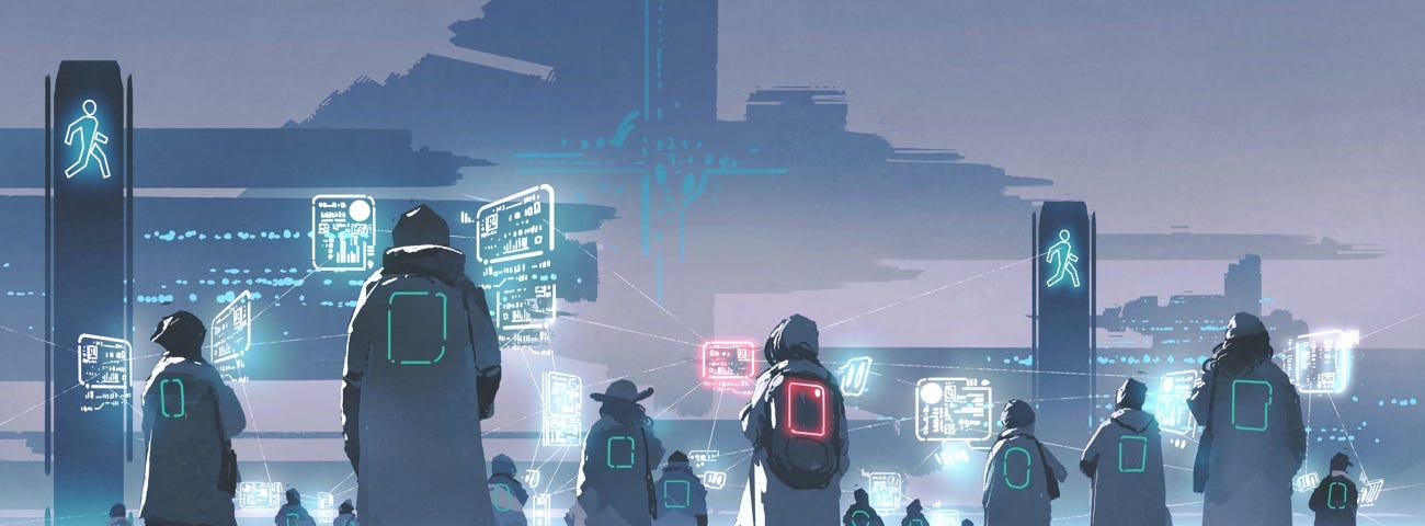 Image: Figured with glowing backpacks all heading toward a large, sci-fi building.