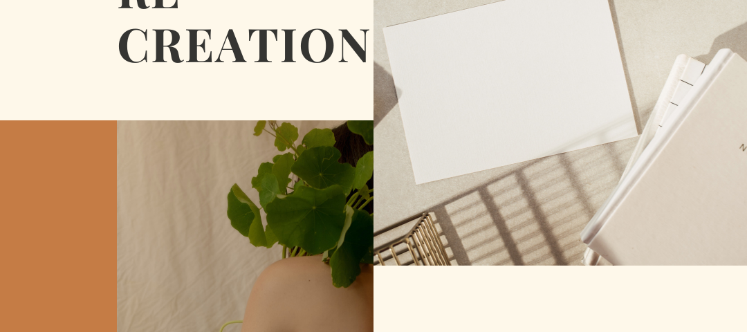 Composite image with the text ‘RE.CREATION’ in the top left and ‘a queer poetry anthology’ in the lower right, both on a cream background. An image in the top right shows a pile of notepaper with slatted shadows over. In the lower left a back view of a seated figure with a plain sheet wrapped round and foliage curling round the head and arm.