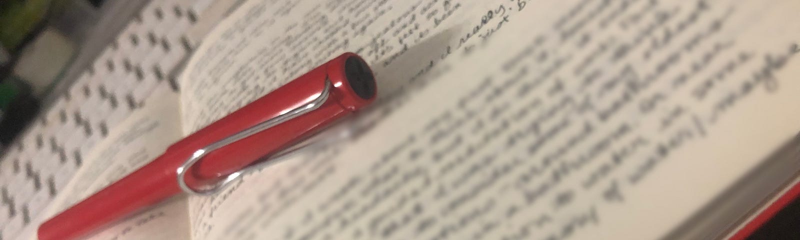 image of a journal open, with writing blurred on the page and a red fountain pen sitting on top.
