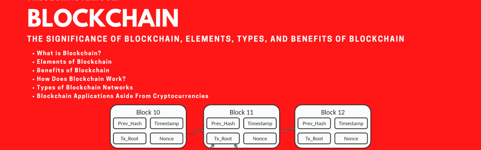 Block chain blocks and interconnections shown on a red background with post titles.