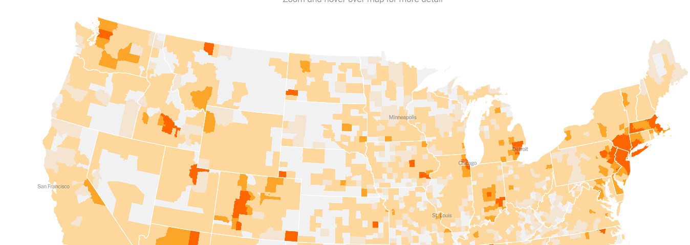 Cases per capita per county visualization by New York Times