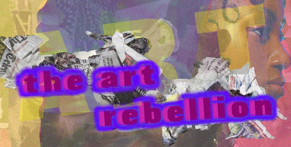 a collaged face with text on top “the art rebellion coming soon”