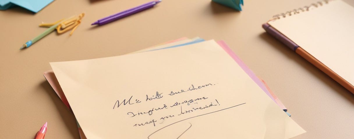 Closeup of a handwritten memo note on a beige office desk with a pen and paperclips