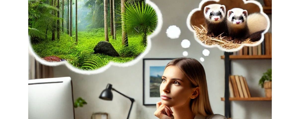 AI generated image of woman thinking about ferrets and the jungle while seated at a computer.